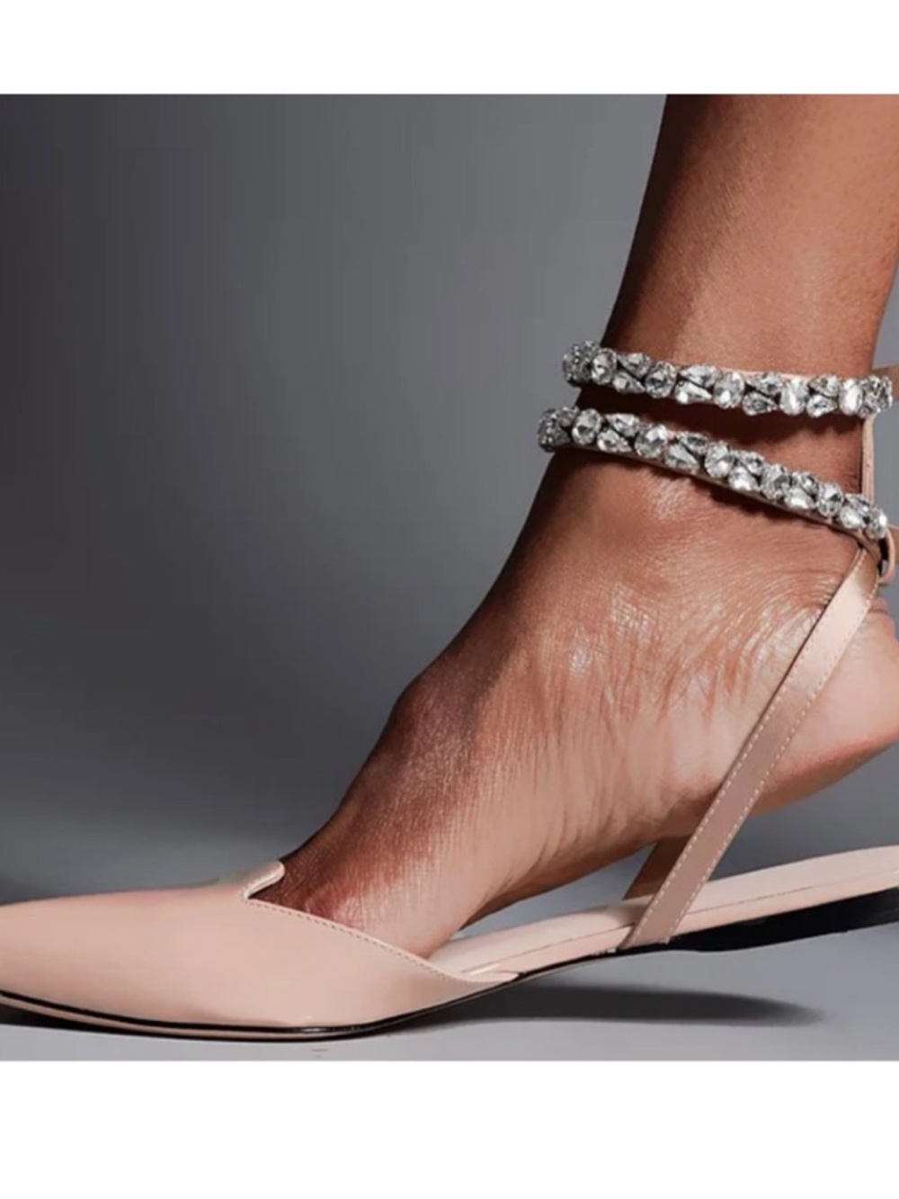 Pointed Nude Pink Slingback Flats with Crystal Ankle Straps